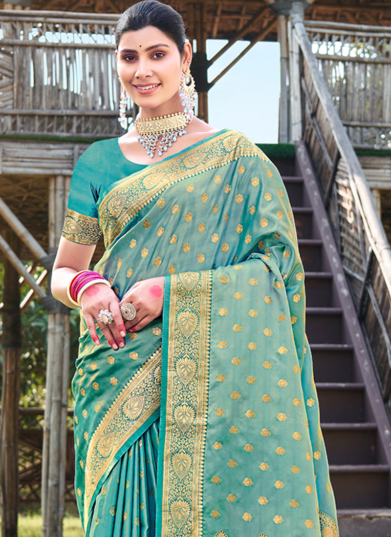 Sky Blue Satin Silk Printed Saree with Moonga Silk Blouse